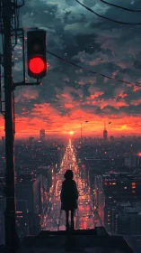 Silhouette overlooking city avenue beneath red traffic signal.