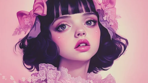Pink pastel portrait of doll-like girl in lace bows.