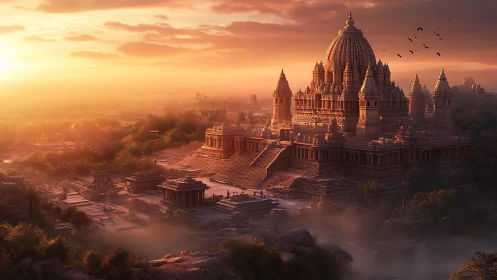 Digital painting of monumental temple city at sunrise light.