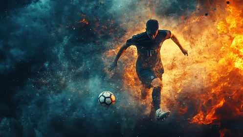 Digital soccer striker charging through fire and smoke.