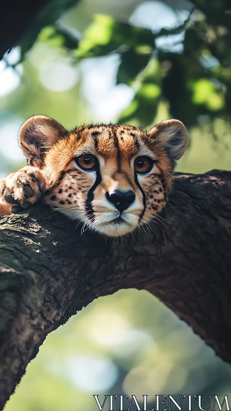 Young cheetah resting on tree branch in soft forest light.