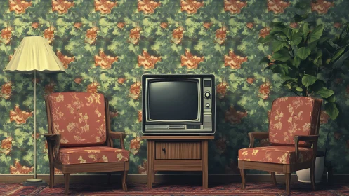 Mid-century living room with vintage television set.
