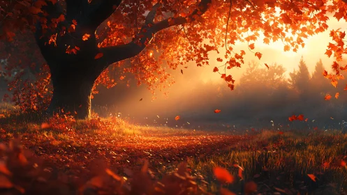 Sunlight passes through dense autumn foliage over forest path