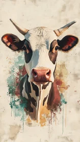 Front-facing cow portrait with abstract paint splashes.
