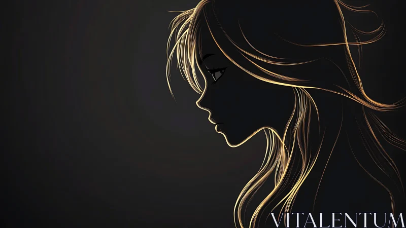 Profile silhouette of girl with glowing golden hair lines