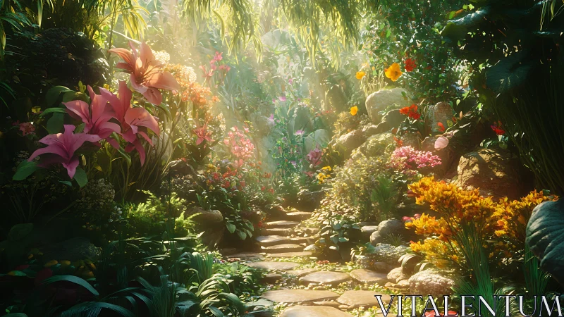 Sunlit stone path winds through lush blooming garden.