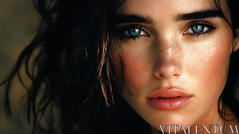 Close portrait of blue eyed freckled woman in soft light.