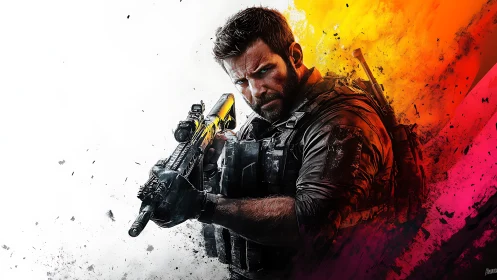 Battle-hardened soldier aims rifle amid explosive neon haze