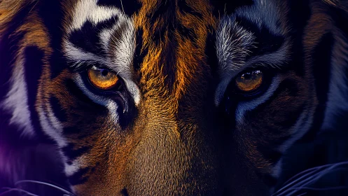 Tiger eyes lock in an intense, shadow-drenched stare.
