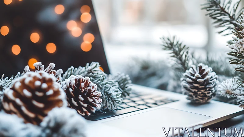 Snow covered pinecones and laptop with warm bokeh lights.