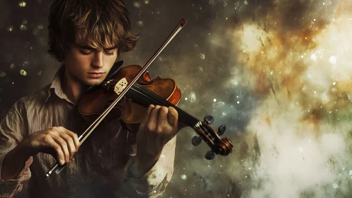 Young violinist immersed in performance amid cosmic bokeh.