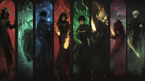 Elemental sorcerers aligned in luminous arcane columns.