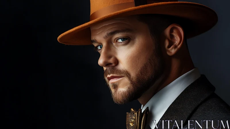 Sharp portrait of man in amber fedora on black background.