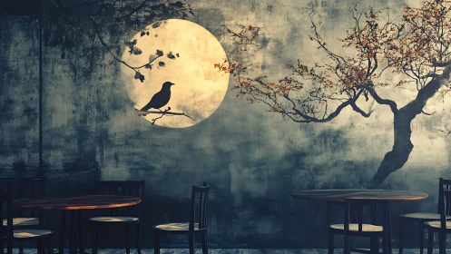 Caf&eacute; interior with moonlit bird mural and silhouetted seating