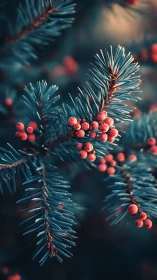 Evergreen needles cradle winter berries in teal dusk glow.