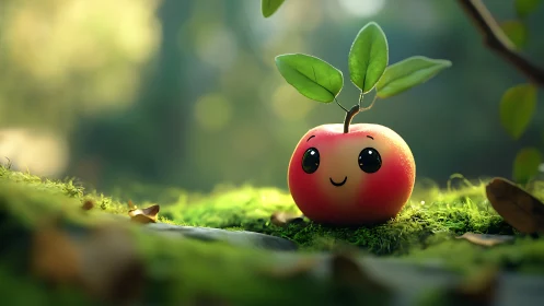 Cute apple character sits on moss under soft forest light