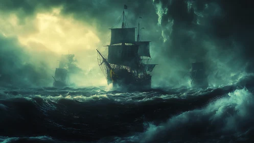 Storm-tossed galleons carve through emerald-lit tempest