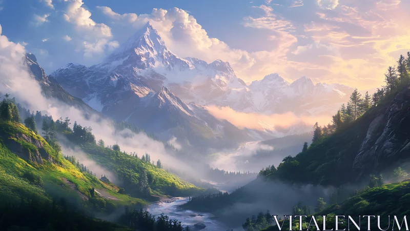 Sunlit alpine peaks rise above a misty emerald valley
