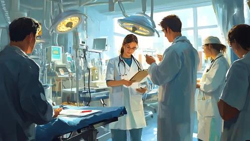 Medical team conducts clinical review in bright ICU ward