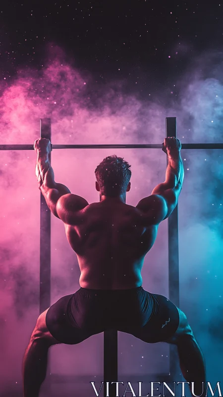 Backlit lat-pull athlete in dual-tone atmospheric haze.