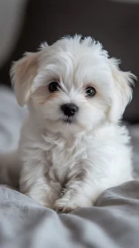 White fluffy puppy lying on bed in soft natural light.
