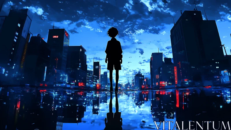 Silhouetted youth in neon city, reflected under blue dusk.