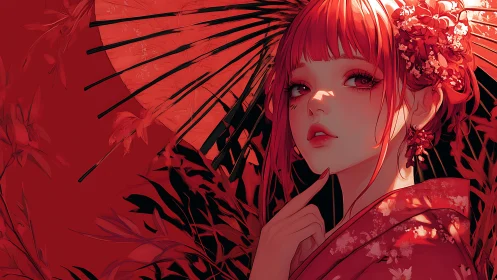 Red haired woman in kimono poses under parasol in profile