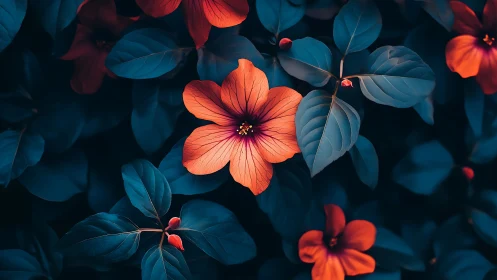 Vibrant Orange Blooms Against Deep Blue Foliage Creates Striking Contrast