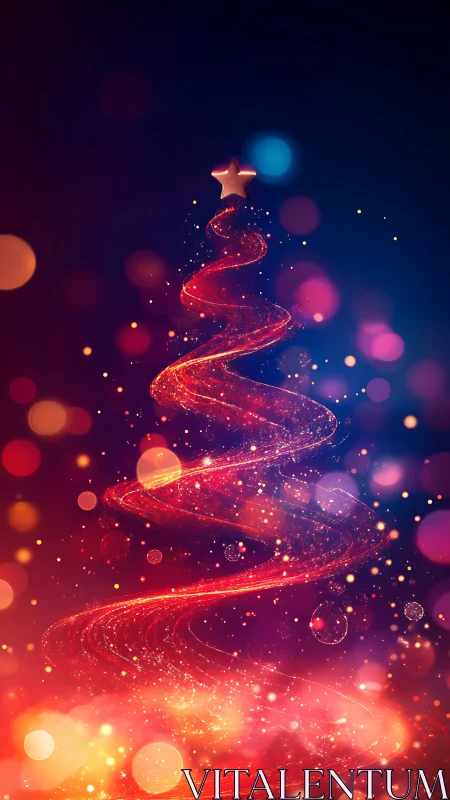Abstract red light Christmas tree with glowing bokeh background.