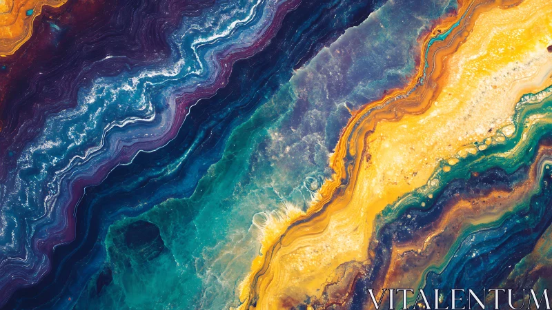 Abstract fluid layers in blue, purple, teal and yellow.