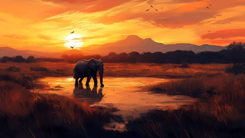 Solitary elephant wades through a molten watercolor sunset plain.