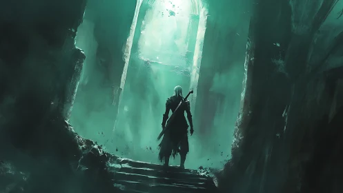 Lone bladebearer ascending a teal haunted gateway of light.