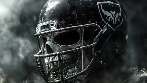 Grim gridiron reaper helmet seething through silver smoke.