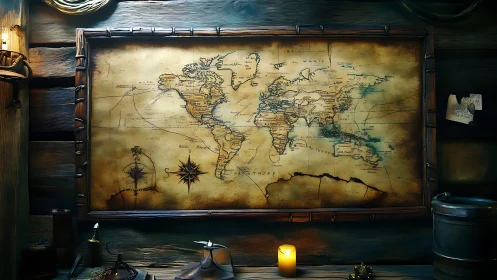 Candlelit explorer’s world map awaiting untold voyages.