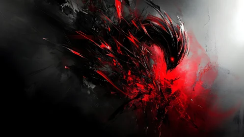 Abstract avian silhouette emerges from red and black shards