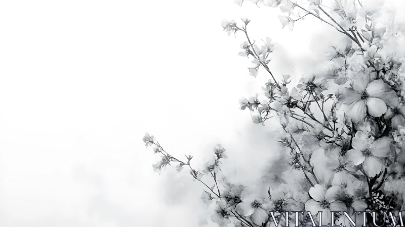 Monochrome blossom branches in soft high‑key negative space.