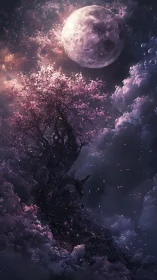 Lunar-illuminated sakura spire embedded in nebular cloudscape.