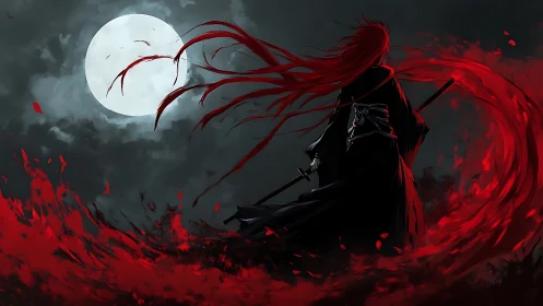 Moonlit crimson swordsman in dynamic anime silhouette composition.