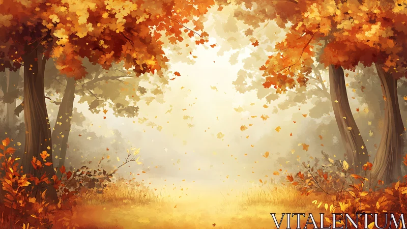 Autumn Forest Path with Golden Light and Falling Leaves