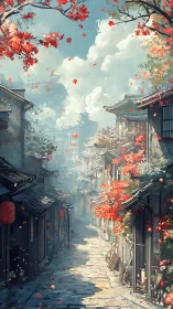 Narrow historic alley with autumn foliage and distant pagoda.