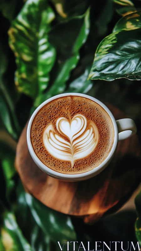 Latte art heart in white cup on wooden table with leaves.
