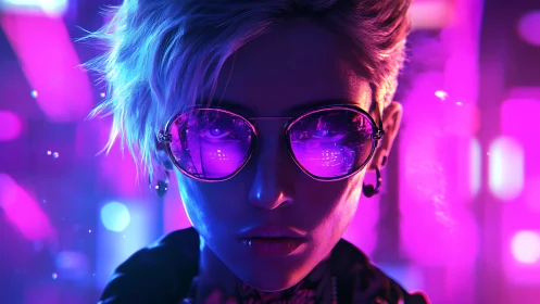 Neon-lit cyberpunk portrait shows reflective lenses and hard rim lighting