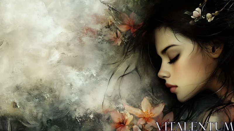 Silent profile of floral muse in soft ethereal haze.