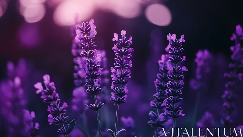 Purple Lavender Field in Soft Focus with Bokeh Lighting.