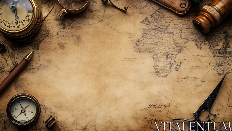 Vintage navigation instruments lie around an aged world map