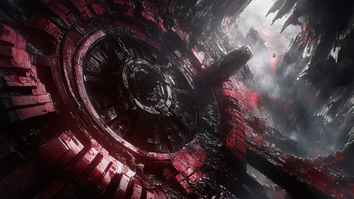 Ruined red circular megastructure in a smoky chasm.