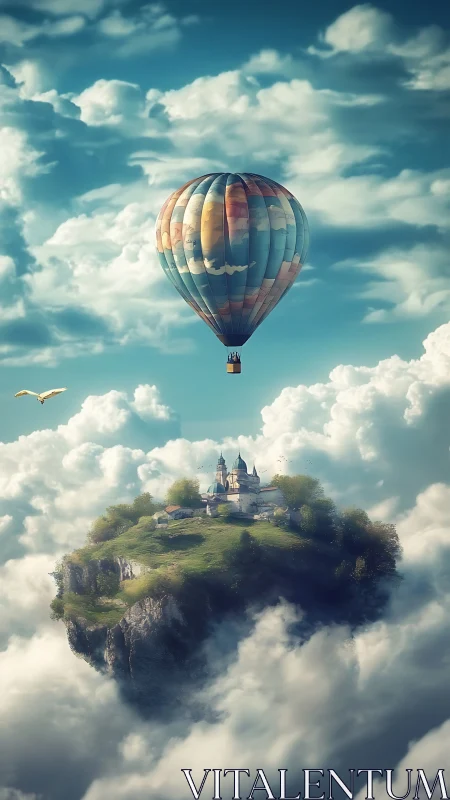 Hot air balloon over floating island citadel in cloudscape
