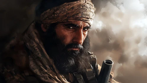 Bearded soldier in camouflage headscarf holding firearm close.