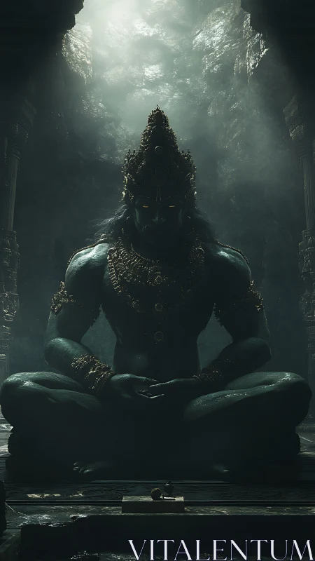 Caveborn stone deity brooding beneath a storm of light.