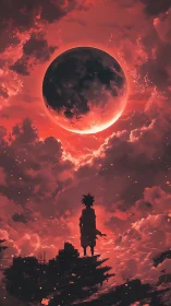 Lone sky-wanderer beneath the burning eclipse horizon.